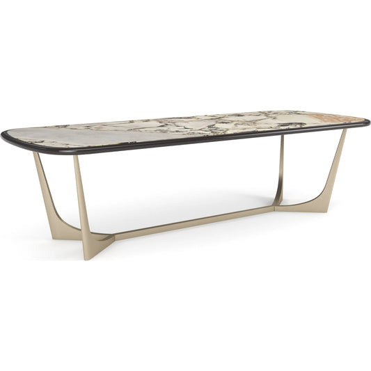 Vena Dining Table by Caracole in otter gloss, brushed gold. Made from unique in a modern style.