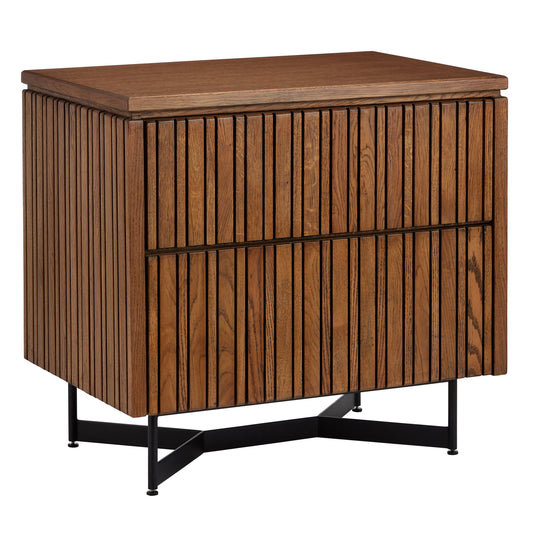 Indeo Nightstand by Currey and Company in washed oak. Made from white oak solids, veneers, iron in a modern style.