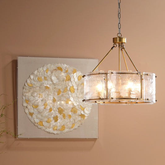Glenn Round Chandelier AB by Jamie Young in antique brass, clear glass. Made from iron & glass in a modern style.
