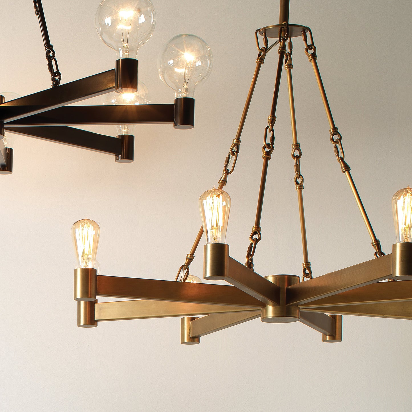 005 SR-819697 | Lifestyle | Manchester Chandelier by Jamie Young in antique brass. Made from steel in a modern style.