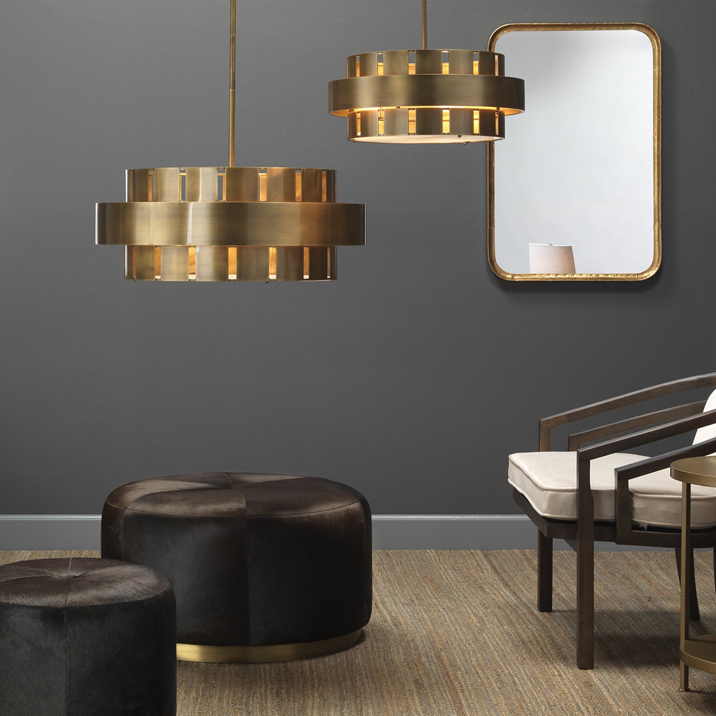 005 SR-912970 | Lifestyle | Orbit Chandelier by Jamie Young in antique brass. Made from steel, acrylic (diffuser) in a modern style.