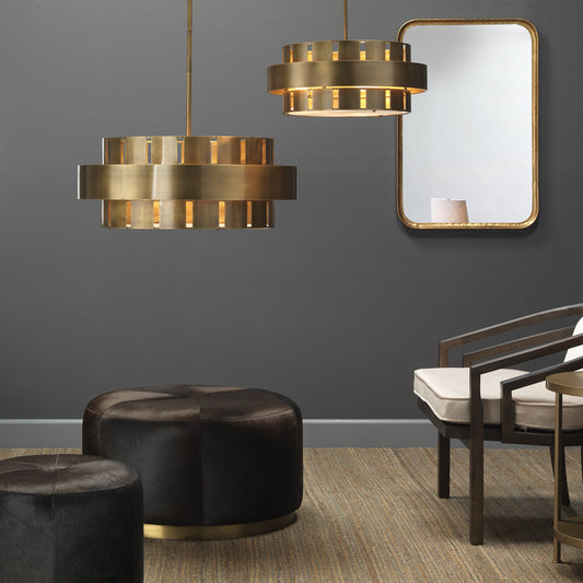 Orbit Chandelier by Jamie Young in antique brass. Made from steel, acrylic (diffuser) in a modern style.