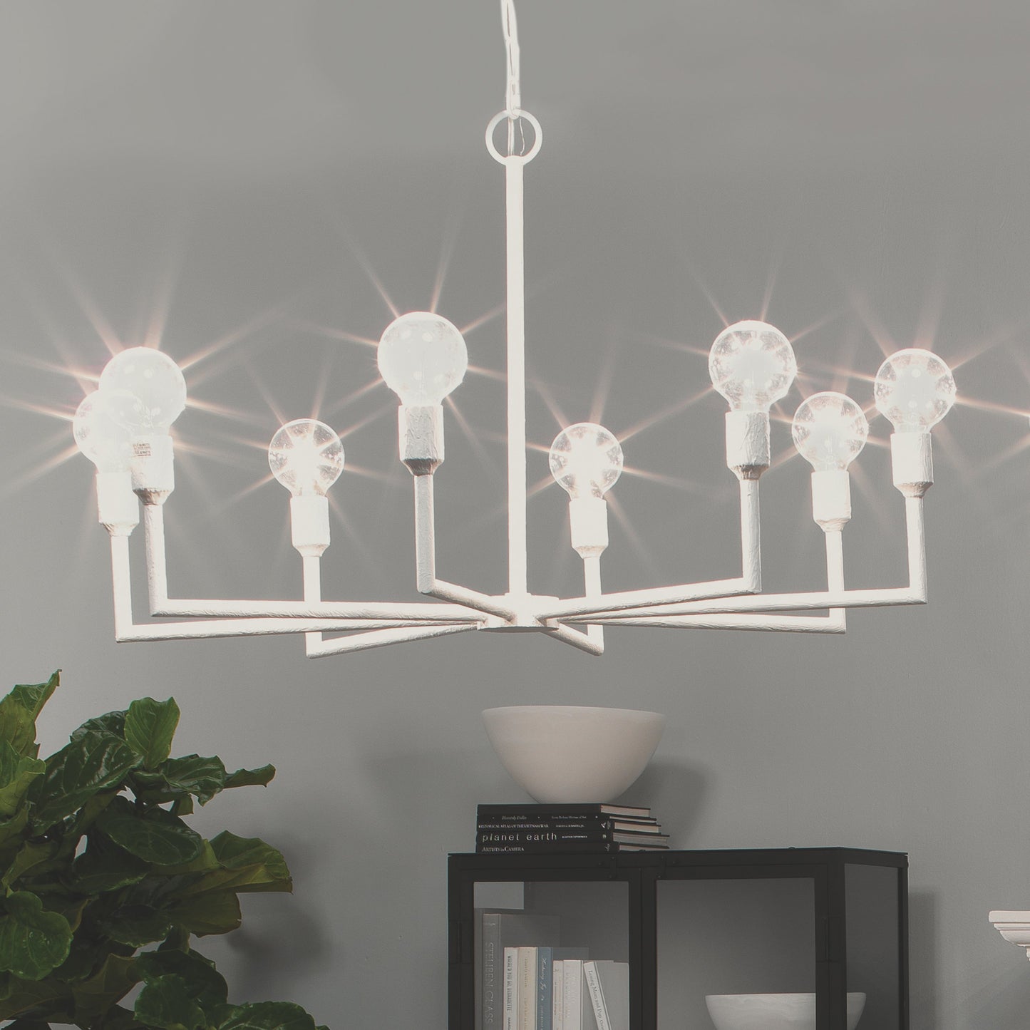 007 SR-708021 | Lifestyle | Park Chandelier by Jamie Young in white gesso. Made from steel in a modern style.