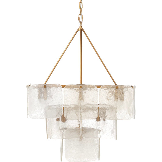Perignon Chandelier by Jamie Young in melted ice glass, antique brass. Made from iron, glass in a modern style.