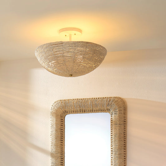 Tsunami Semi Flush Mount by Jamie Young in natural cream. Made from wood in a coastal style.
