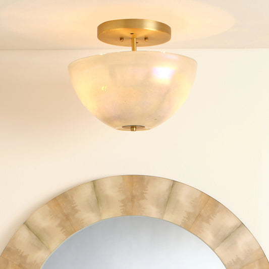 Vapor Bowl Semi-Flush Mount by Jamie Young in antique brass, grey metallic glass. Made from glass in a modern style.
