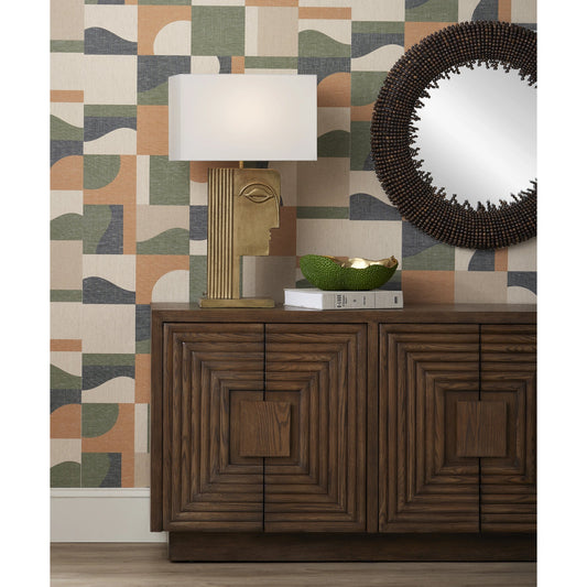 Thebes Table Lamp by Currey and Company in antique brass. Made from cast aluminum in a modern style.