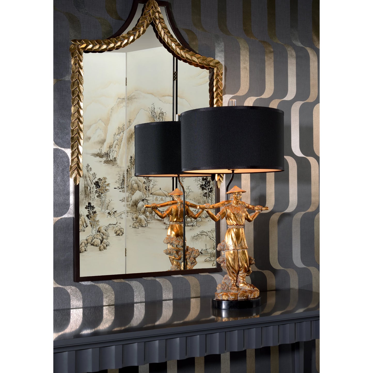 002 SR-386041 | Lifestyle | Mr. Wynn Lamp by Wildwood in gold leaf, natural black. Made from unique in a eclectic & global style.