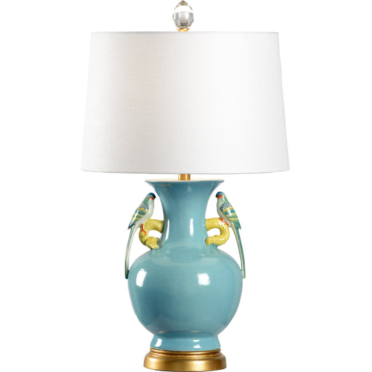 Tori Lamp by Wildwood in blue glaze, gold leaf. Made from ceramic, porcelain in a coastal style.