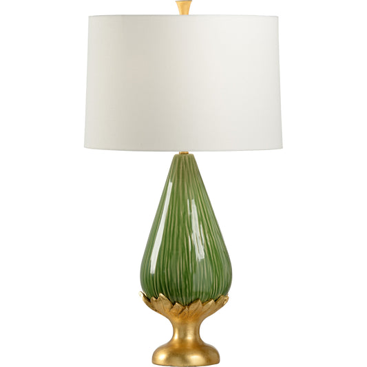 Carmine Lamp by Wildwood in kiwi glaze, antique gold leaf. Made from ceramic in a transitional style.