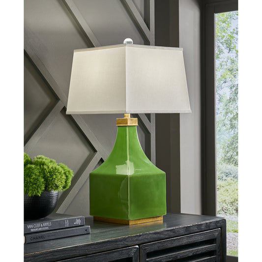 Holden Lamp by Wildwood in lime glaze, antique brass. Made from porcelain in a modern style.