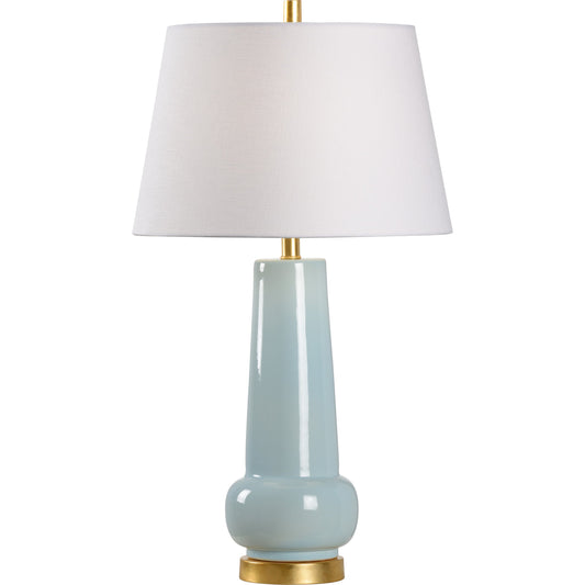 Sigrid Lamp by Wildwood in blue, green glaze, gold leaf. Made from ceramic in a modern style.
