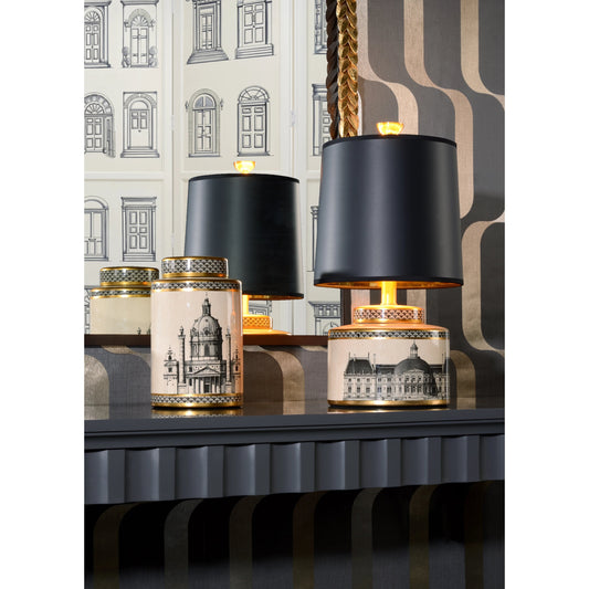 Architectural Stroll Lamp by Wildwood in cream, black, gold. Made from ceramic, decal in a transitional style.