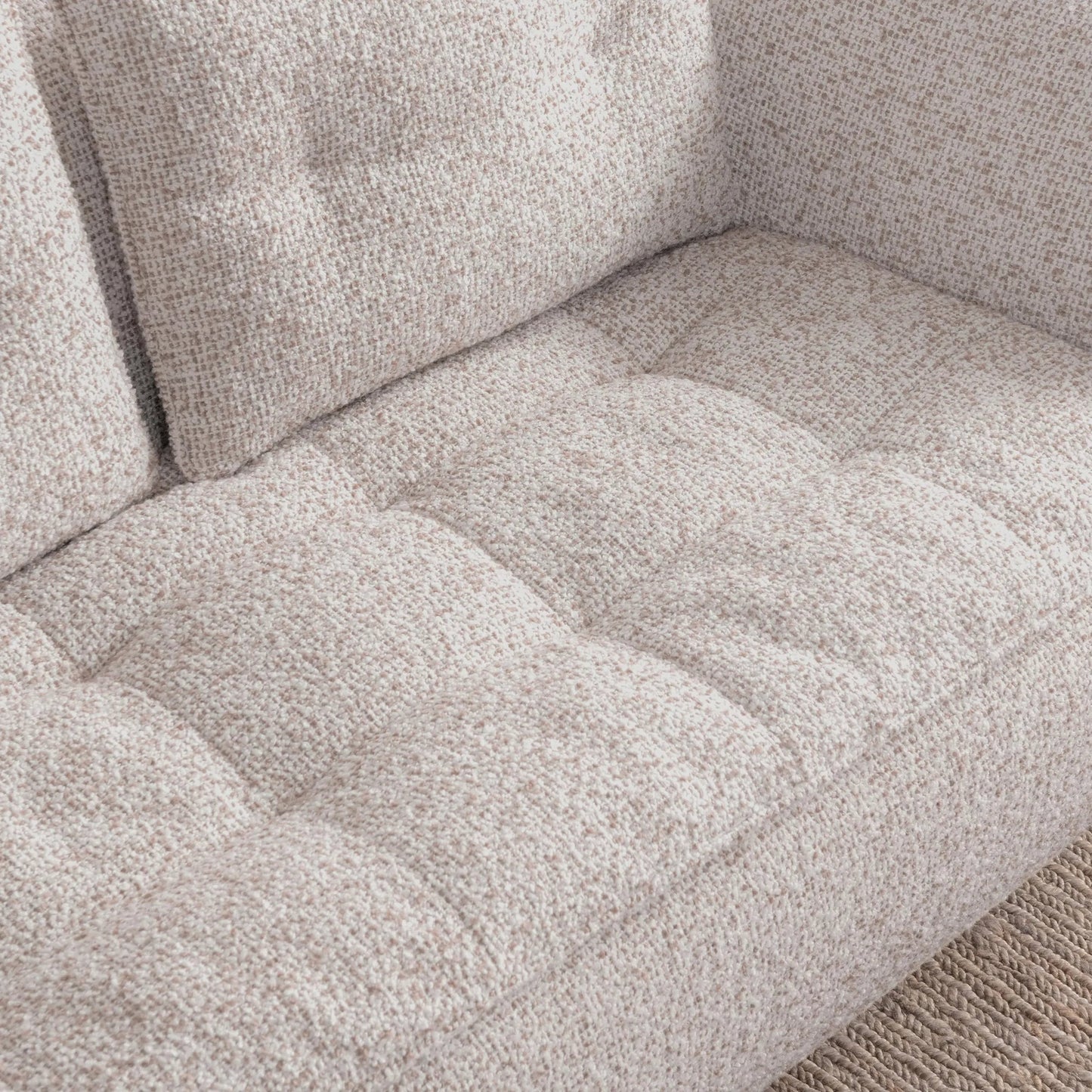 005 SI-2256341 | Closeup | Ember Upholstered Fabric Sofa by Classic Home in cream white. Made from 77% polyester, 23% acrylic, rubberwood in a transitional style.