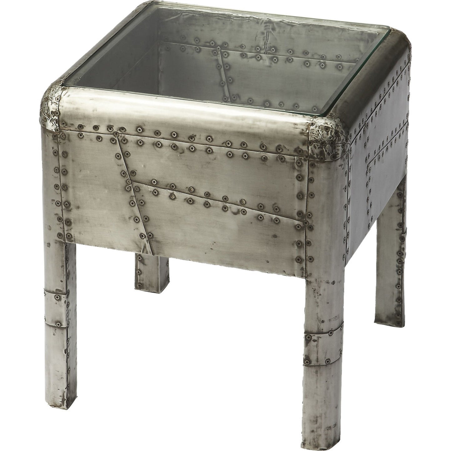 001 O-BUTLER-6121330 | Additional Silo | Yeager Aviator End Table by Butler Specialty Company in gray and industrial chic. Made from acacia wood solids, metal sheet, glass in a modern style.