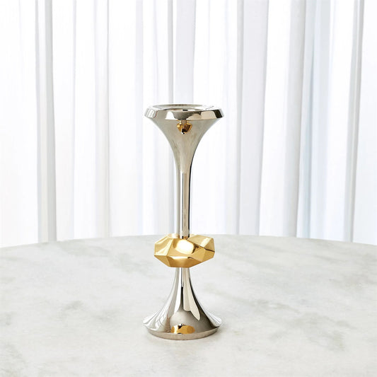 Gabriel Nickel Candle Holder by Global Views in nickel and shiny brass. Made from unique in a modern style.