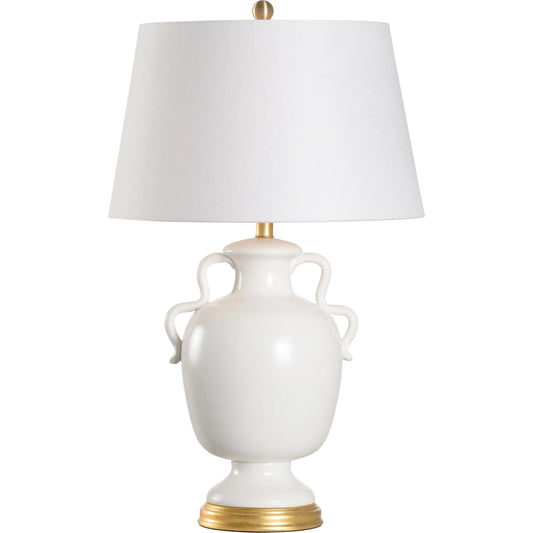 Claire Lamp by Wildwood in white glaze, gold leaf. Made from unique in a traditional style.