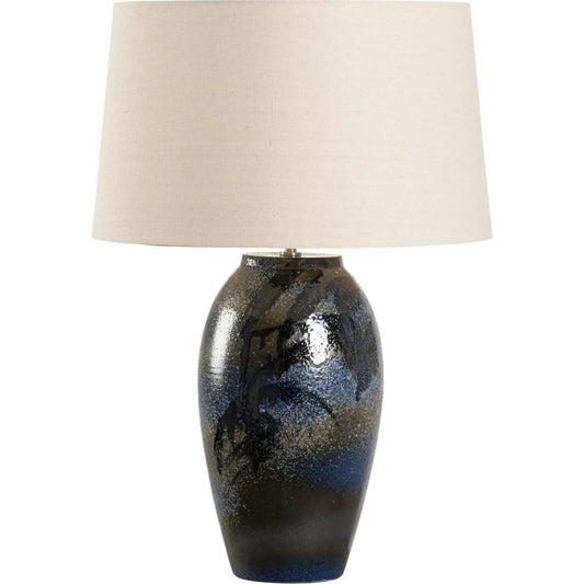 Hatsu Lamp with Drum Shade by Wildwood in blue and shiga, blue glaze. Made from unique in a eclectic & global style.