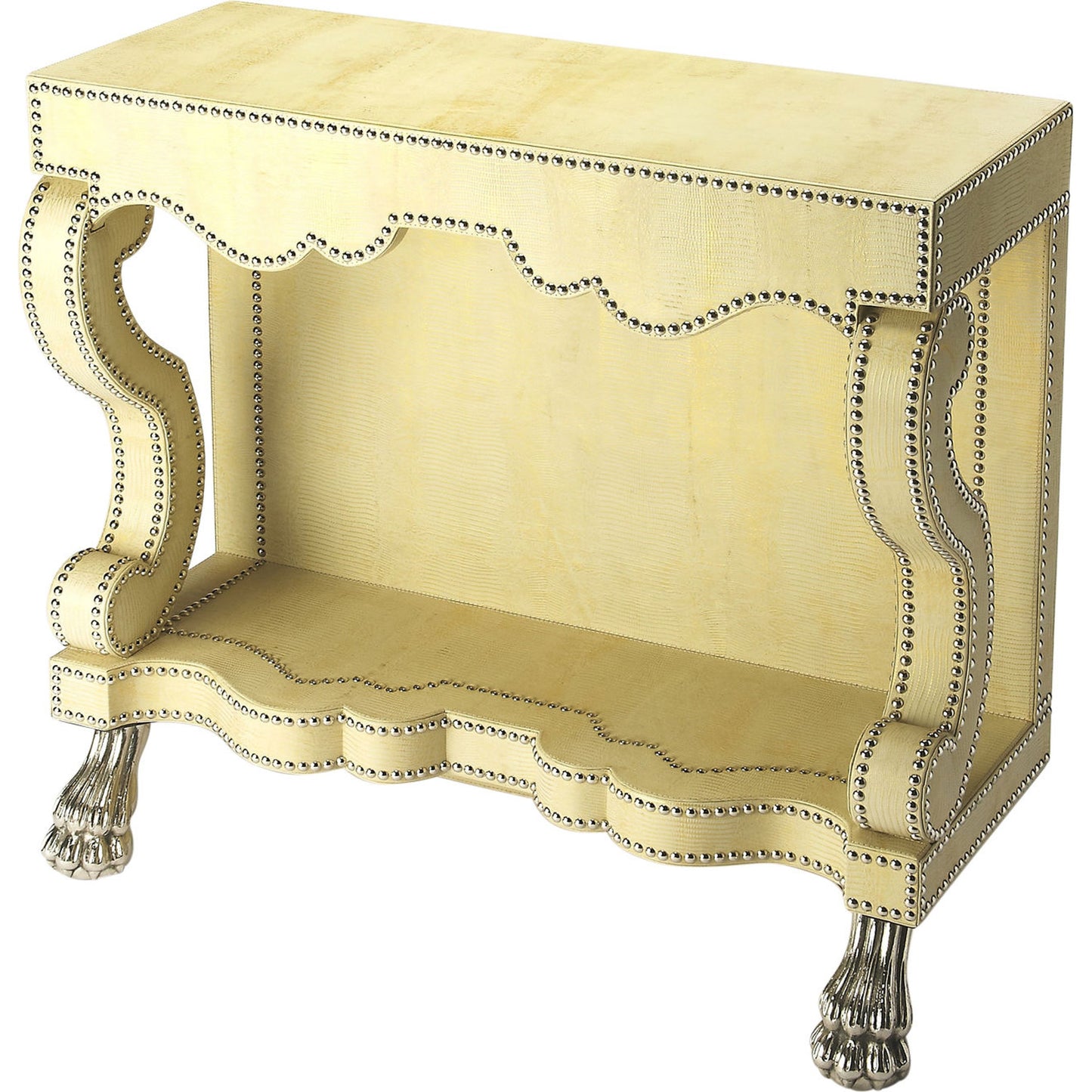 001 O-BUTLER-6156350 | Additional Silo | Bonino Console Table by Butler Specialty Company in beige and cosmopolitan. Made from leather, mdf, nickel tacks, aluminium in a traditional style.