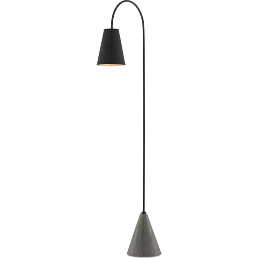 Lotz Floor Lamp by Currey and Company in black iron, silver leaf, polished concrete. Made from wrought iron, concrete in a modern style.