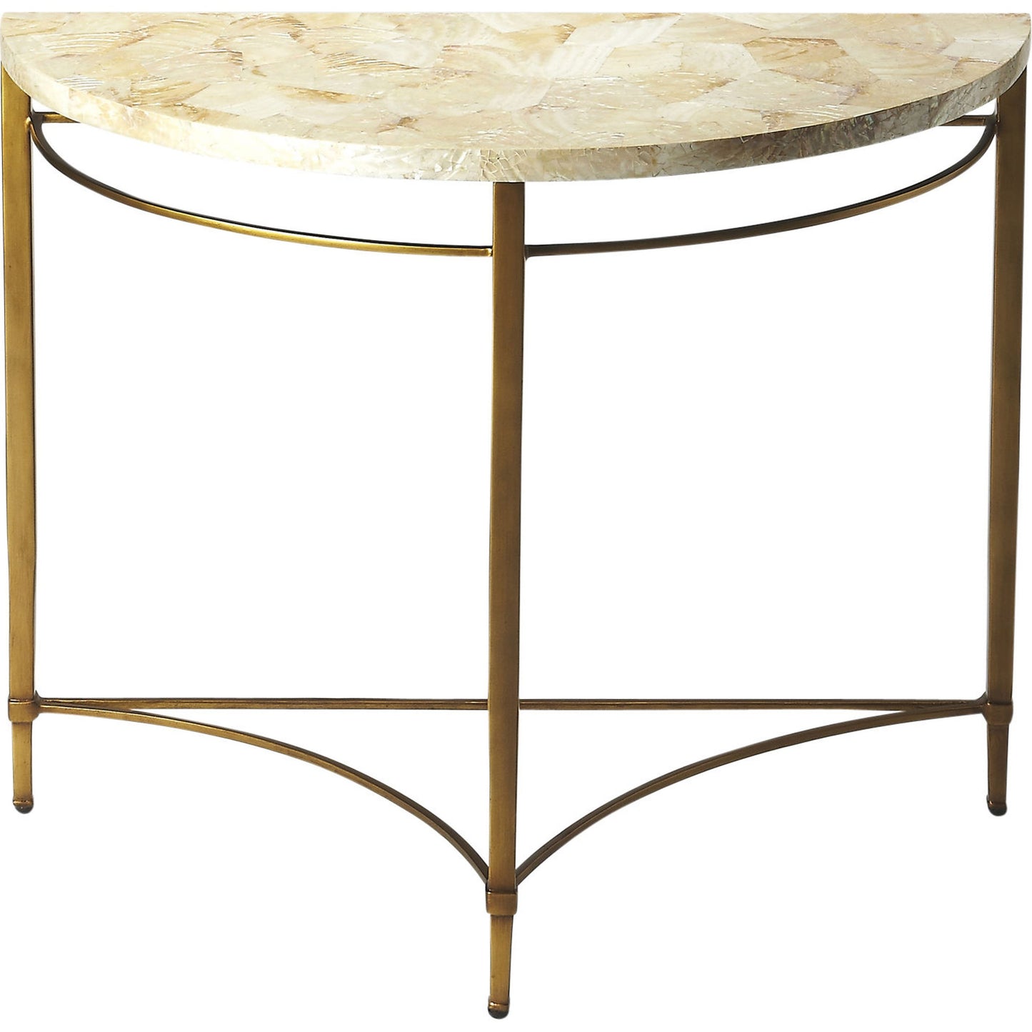 001 O-BUTLER-6185025 | Additional Silo | Marlena Cabebe Shell Demilune Console Table by Butler Specialty Company in gold and metalworks. Made from cabebe shell, metal, plywood in a modern style.