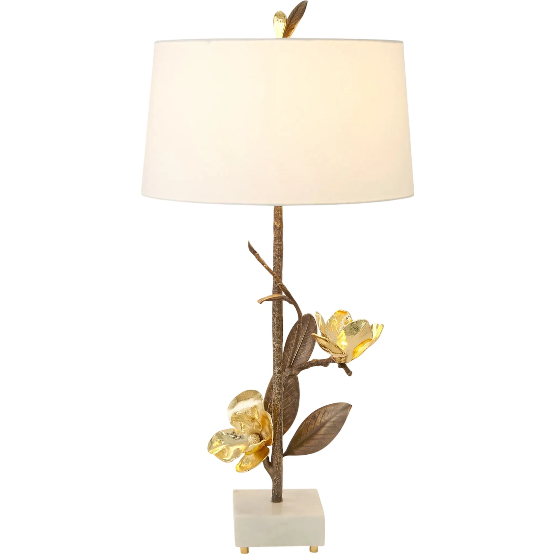 Magnolia Flower Table Lamp by Global Views in antique brass, gold. Made from brass, marble in a modern style.