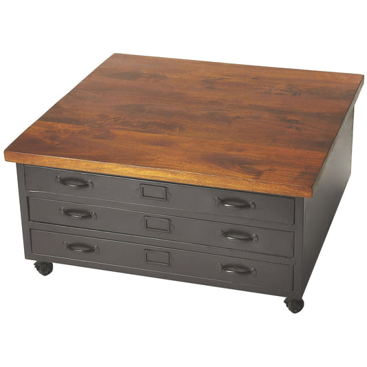 Galvin Industrial Chic Cocktail Table by Butler Specialty Company in multi-color and industrial chic. Made from mango wood solids, iron in a modern style.