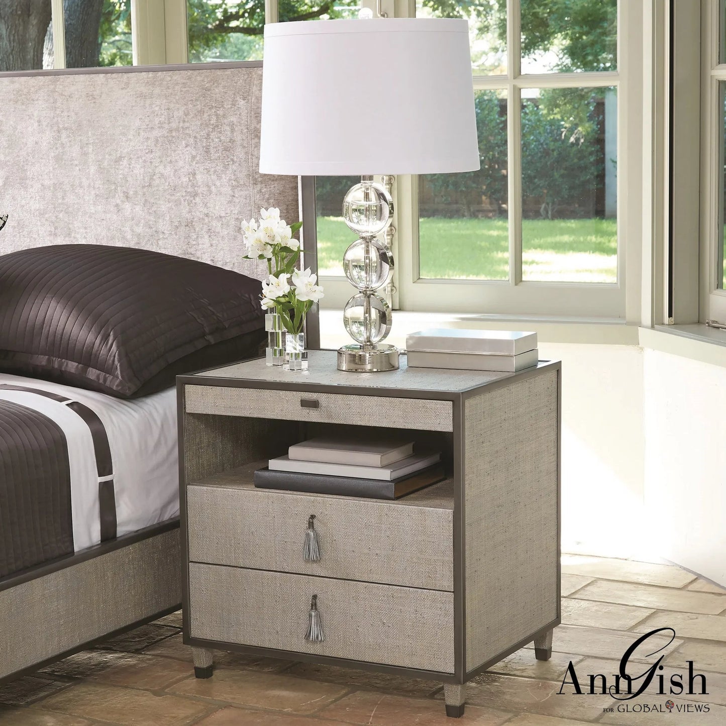 005 SR-700748 | Additional Silo | Argento Bedside Chest by Global Views in pewter. Made from acacia, beech, mdf, poplar, raffia, steel in a transitional style.