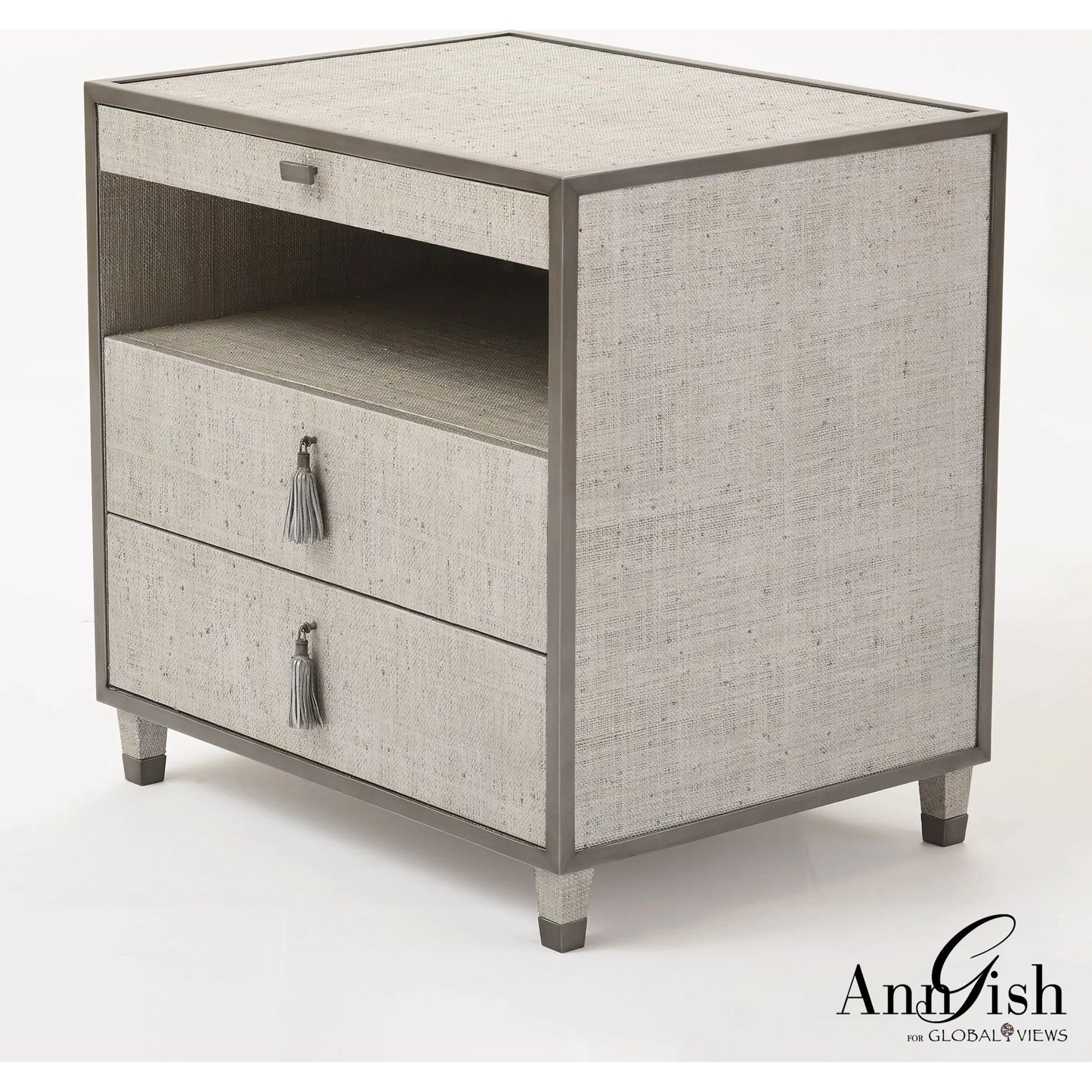 006 SR-700748 | Additional Silo | Argento Bedside Chest by Global Views in pewter. Made from acacia, beech, mdf, poplar, raffia, steel in a transitional style.