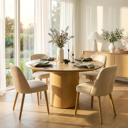 Coral Round Dining Table by Butler Specialty Company. Made from mdf, white oak veneer, rubberwood in a unique style.