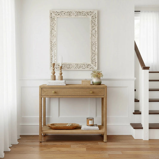 Como Console Table by Butler Specialty Company in natural and natural rattan. Made from banana leaf, mixed wood, plywood in a unique style.