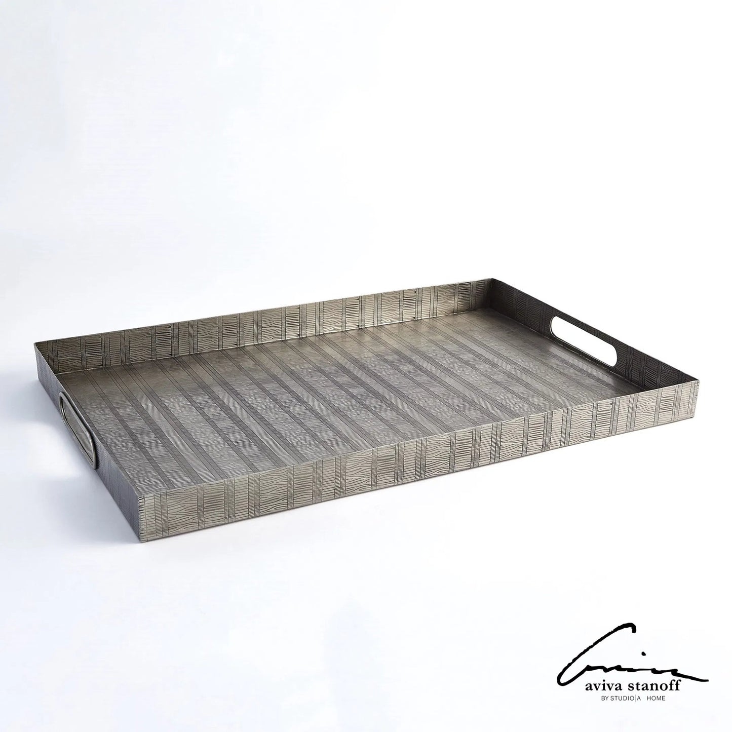 009 SR-890657 | Lifestyle | Kokoro Etched Rectangular Tray by Global Views in nickel. Made from iron in a eclectic & global style.