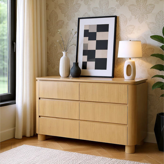 Genoa Dresser by Butler Specialty Company in light brown and light oak. Made from rubberwood, particle board, white oak veneer, laminated veneer lumber, mdf, plywood in a unique style.