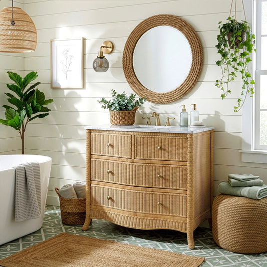 McLean Bathroom Vanity by Butler Specialty Company in natural and natural rattan. Made from plywood, acacia wood, mdf, carrara marble, rattan in a unique style.