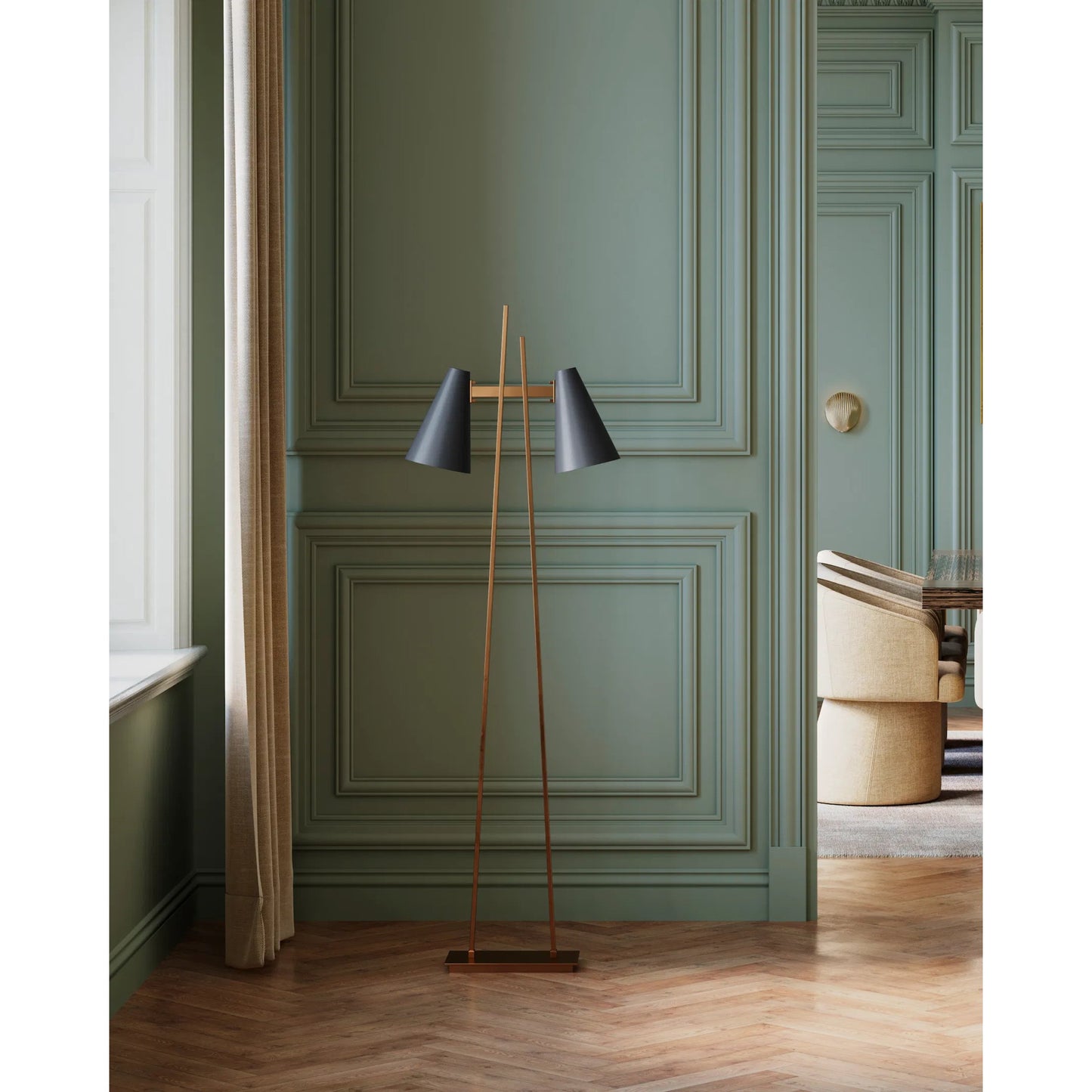 006 SI-2257396 | Lifestyle | Duet Floor Lamp by Currey and Company in oil rubbed bronze, antique brass. Made from metal in a modern style.