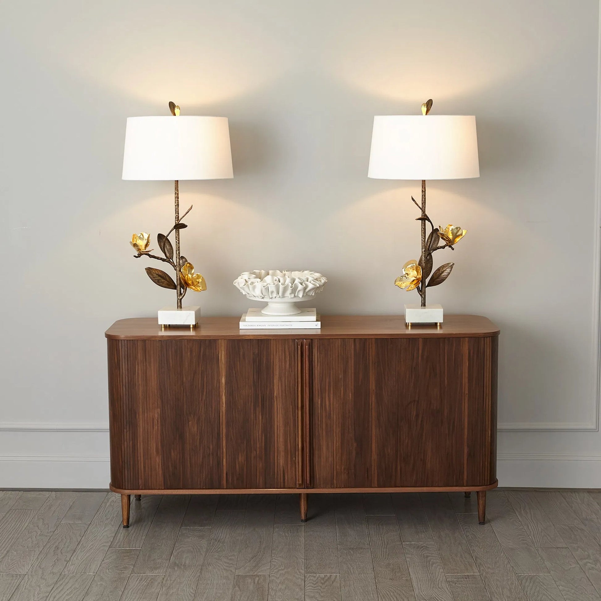 Magnolia Flower Table Lamp by Global Views in antique brass, gold. Made from brass, marble in a modern style.