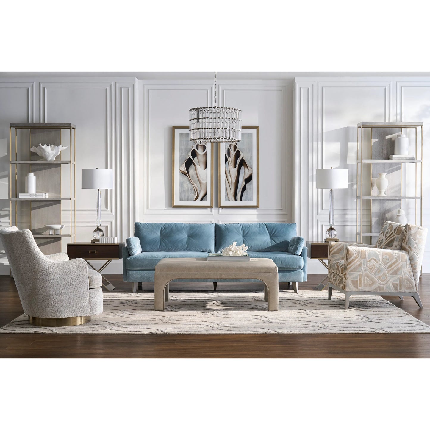 000 SI-2636188 | Lifestyle | Libby Langdon Atterbury Sofa by Fairfield Chair in blue and mist. Made from beech solids in a unique style.