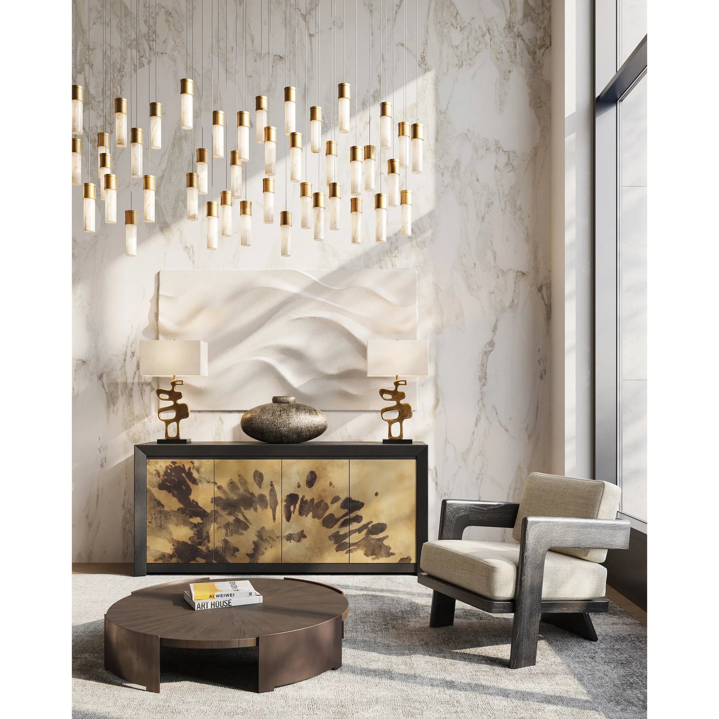 010 S-222765 | Lifestyle | Karlson Credenza by Currey and Company in natural vellum, caviar black. Made from oak solids, veneer, natural vellum in a traditional style.