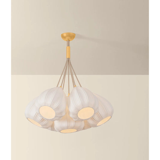 Livonia Chandelier by Hudson Valley in vintage gold leaf. Made from textile in a unique style.