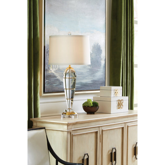 Peninsula Lamp by Wildwood in clear, antique patina. Made from crystal, brass in a transitional style.