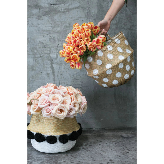 Pom Puff Basket by Accent Decor in white. Made from natural fibers in a cottage & farmhouse style.