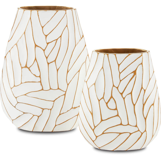 Anika Vase Set by Currey and Company in white, gold. Made from cast aluminum in a transitional style.