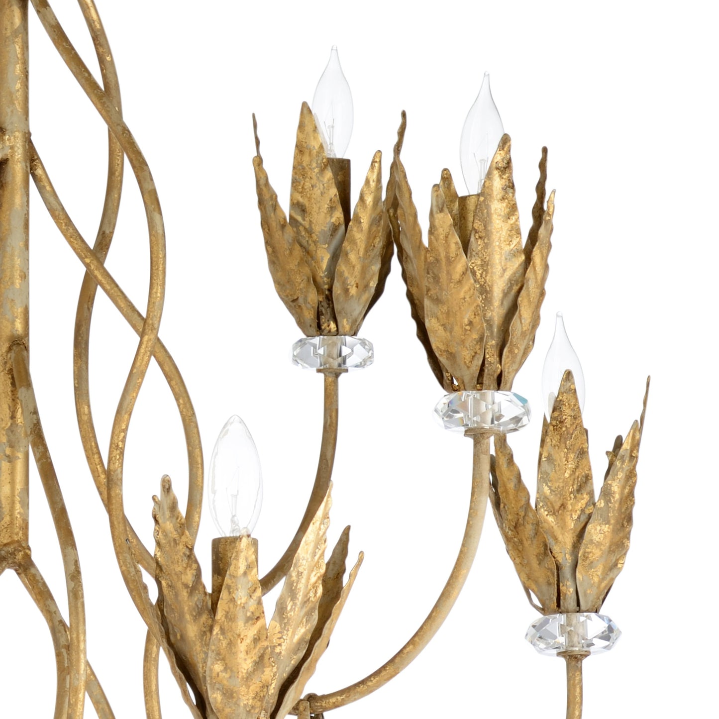 002 SR-386187 | Closeup | Phoebe Chandelier by Wildwood in aged gold leaf, clear. Made from iron, crystal in a transitional style.