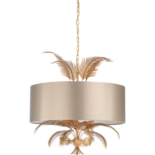 Wild Palm Chandelier by Wildwood in antique gold, taupe. Made from metal, faux leather in a coastal style.