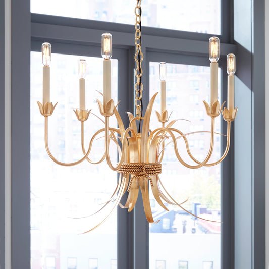 Mignon Chandelier by Wildwood in gold leaf. Made from iron in a transitional style.