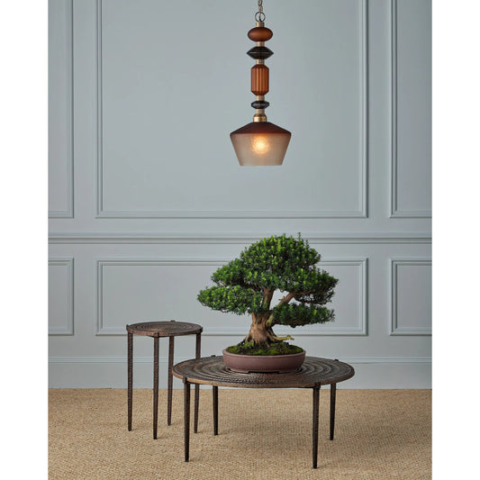 Mandeville Pendant by Currey and Company in butter rum sandbar, matte ombre, deep gray, antique gold. Made from glass, metal in a eclectic & global style.