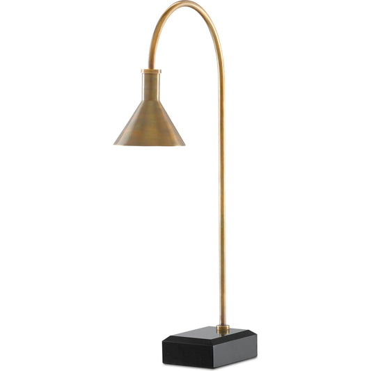 Thayer Desk Lamp by Currey and Company in vintage brass, black. Made from brass, granite in a modern style.