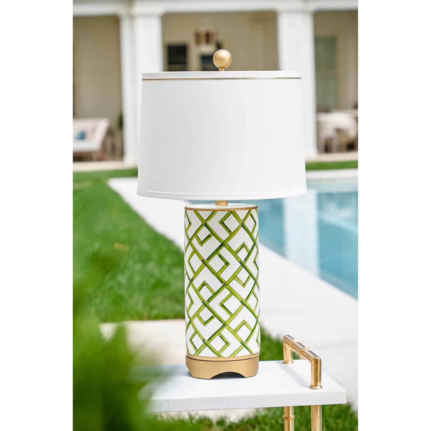 002 SR-381962 | Lifestyle | Bamboo Squares Lamp by Chelsea House in green, white, gold accents. Made from ceramic, porcelain in a transitional style.