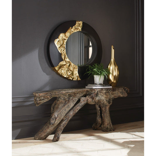Mercury Round Black Gold Mirror by Phillips Collection in black, gold and gold leaf. Made from resin in a modern style.