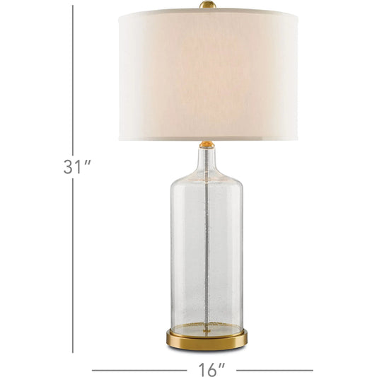 Hazel Table Lamp by Currey and Company in clear seedy (bubbled) glass, brass. Made from glass, iron in a coastal style.